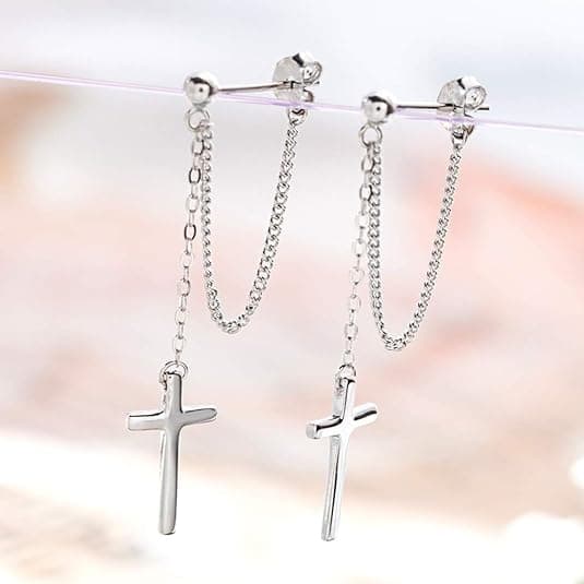 Kryss Dangle Drop Øredobber 925 Sterling Sølv Kjede Dropping for