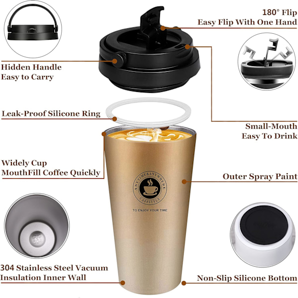 500ML Isolerad Mugg, Kaffemugg, Rostfri Stål Kaffe Termos med Dubbelväggsisolering Lock Bil, Läcksäker Te Kopp & Espresso Mugg för Resor Kontor