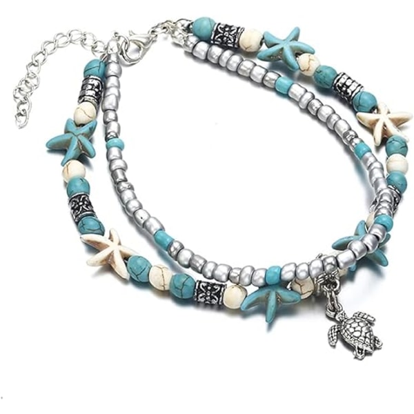 Blue Starfish Turtle Anklet Multilayer Charm Beads Sea Handmade B