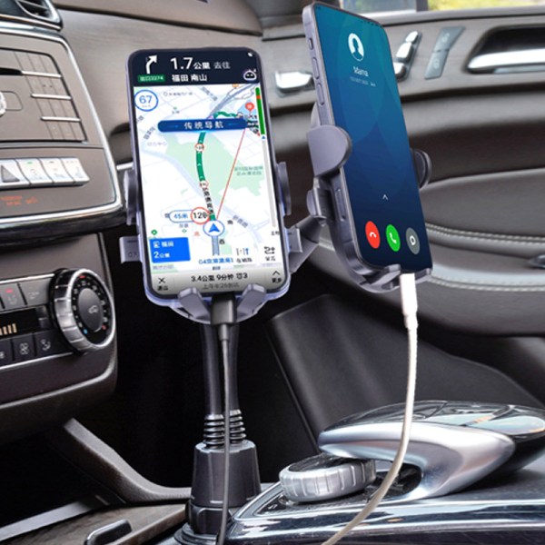 Dubbel telefonhållare för bilmugghållare – lång flexibel hals, 360° R