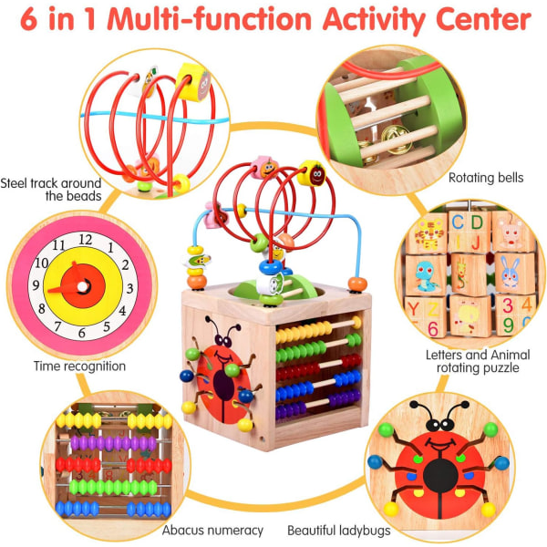 6 in 1 Baby Activity Cubes, Wooden Educational Kids Toys for Todd