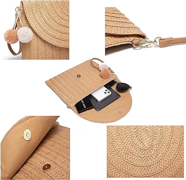 Halm axelväska clutch dam handvävd PomPom halm crossbody