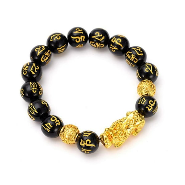 Feng Shui Obsidian Bead Hand Carved Six-Character Mantra Gold Bra