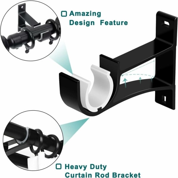 6-pakks svarte, kraftige gardinstangbraketter for veggmontert gardin
