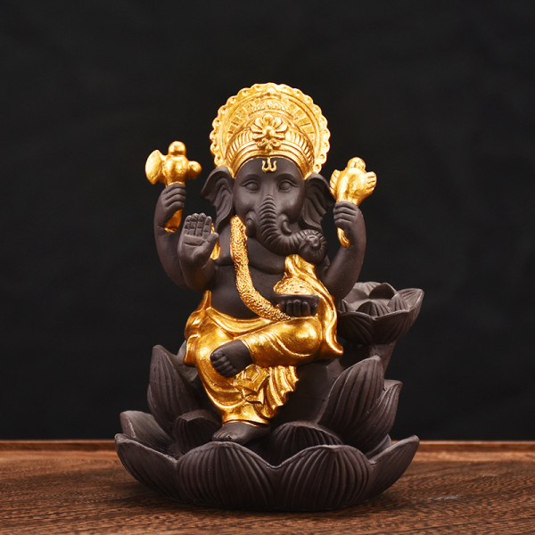 Backflow Incense Burner Ceramic Ganesh Elephant God Incense Holder Statue Ganesh Elephant Buddha Figurine Gold