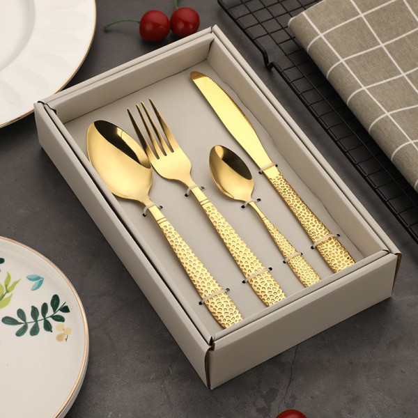 Bestickset Guld Silverware Set Rostfritt Stål Hamrat Spegel