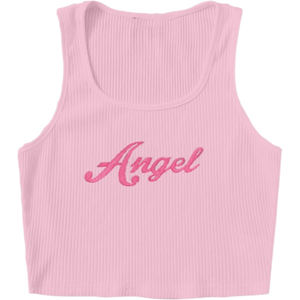 Rib-Knit Crop Tank Letter Embroidery Cami Tops pink L