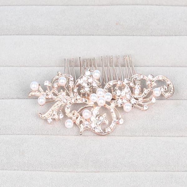Roséguld bröllopshårkam, strass pärlor blomma och