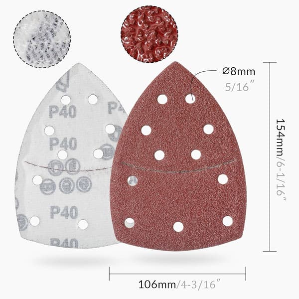 Sandpapper korn 60, triangulär slippapperpad, kardborrefäste, 11 hål, röd, 100-pack