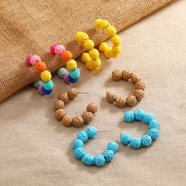 Rattan Øreringe Sommer Boho Raffia Bold Hoop Dangle Øreringe til