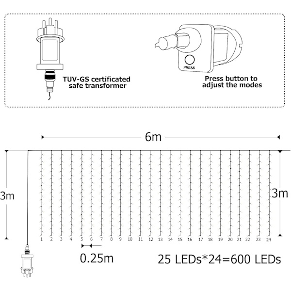 (varmvit) Gardinlampor 6m x 3m, 600 LED, 8 Jul Ljus