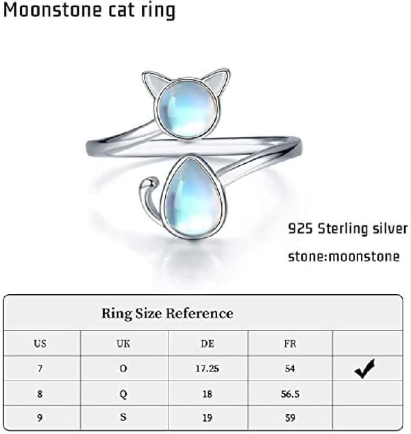 Katt Ring 925 Sterling Silver Månsstensring Öppen Djurring Lycka