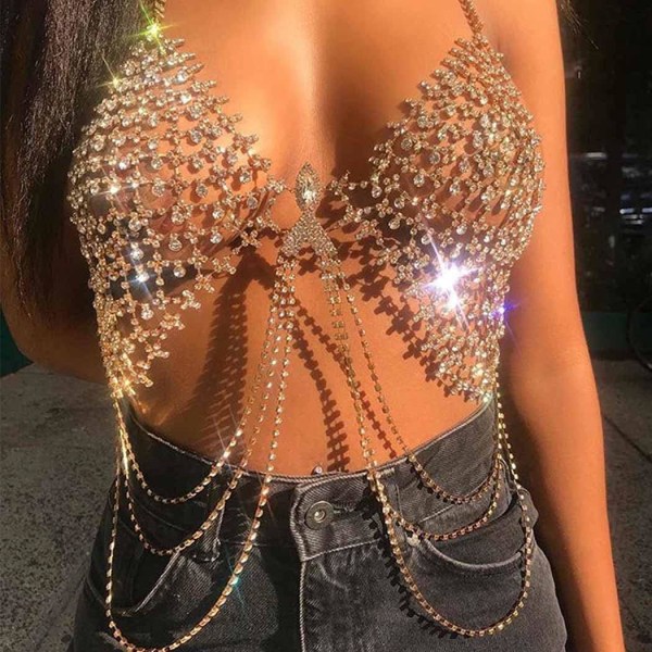 Body Chain Bras Sølv Sexy Rhinestones Bikini Bras Body Halter B