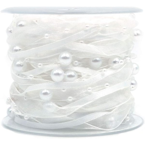 1 STK White Artificial Pearl Ribbon Chiffon-bånd og Organza-blonde