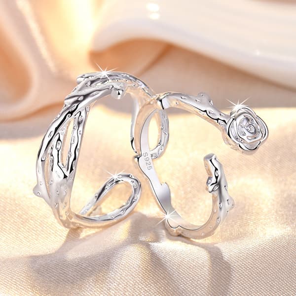 S925 Sterling Silver Justerbar Wrap Open Ringar Törnen och Rosor