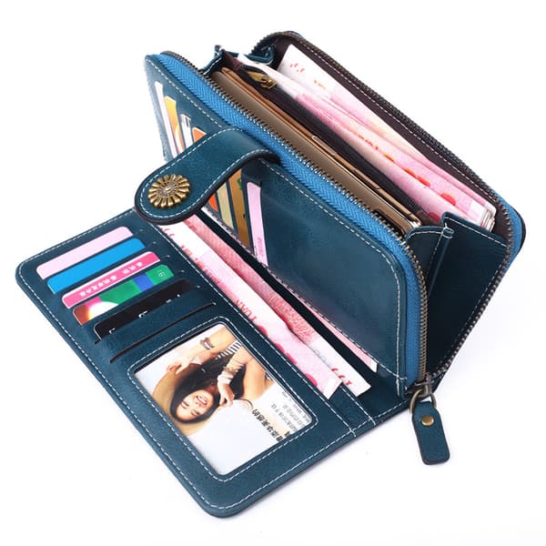 Womens Blocking Large Capacity Luxury Waxed Genuine Leather Clutc
