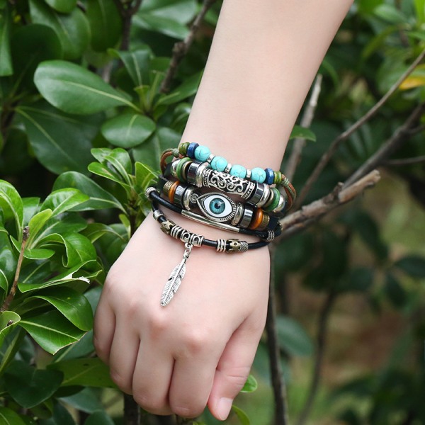 Boho National Stone Multilayer Läderarmband Evil Eye Charms T