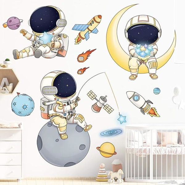 Astronaut väggdekaler för pojkrum, tecknad rymdman yttre