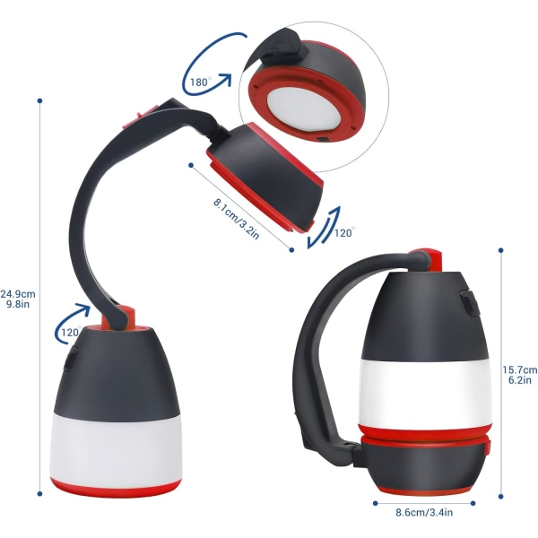 4-i-1 LED-campinglampe, håndholdt lommelykt og 5-modus skrivebordslampe