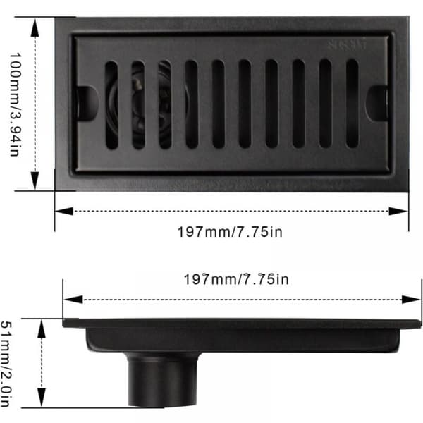 Bruserrist, 20 x 10 cm Rektangulær Gulvafløb, Bruserkanal, Sort