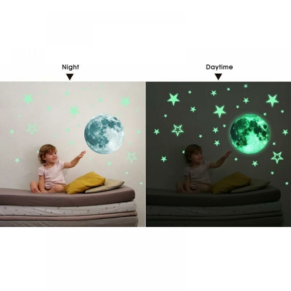 Luminous 27 stk. Stjerner og 30 cm Måne Stickers Gløder i Mørket Fluo