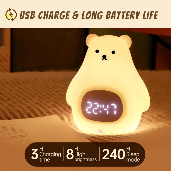 Bear Night Light, söpö lasten herätyskello, pehmeä BPA-vapaa silikoni P