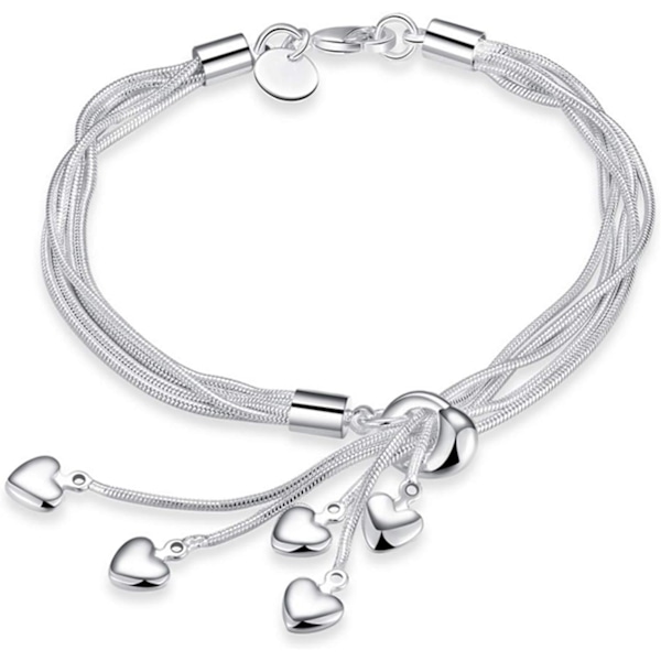 Silver Five Wire Chain Strap Five Heart Bangle Bracelet