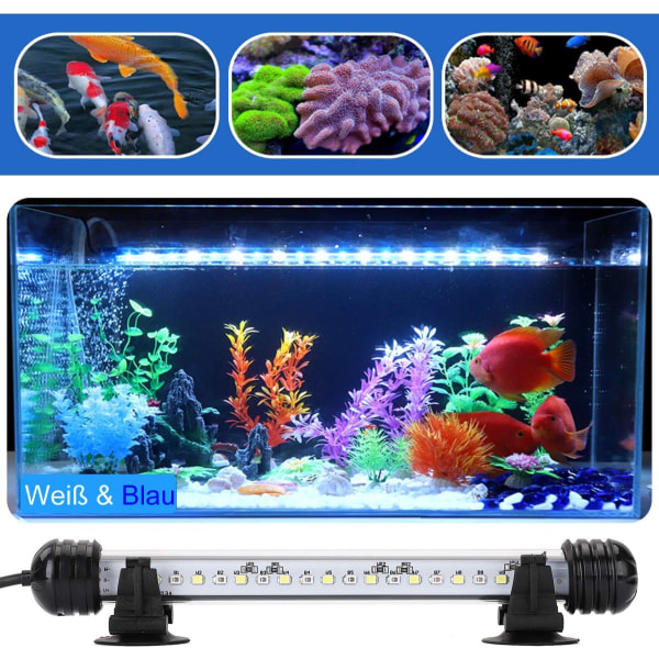 19 cm för akvarium, vattentät och dränkbar lampa, LED-belysning för akvarium, 2,8W, blått och vitt