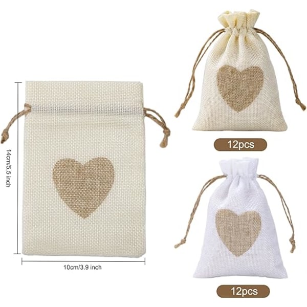 Juteposer, pakke med 24 hampelinposer med snøring og hjertemønster, jute dåpspose gjenbrukbar stoffpose for bryllup, bursdag, fest, håndverk