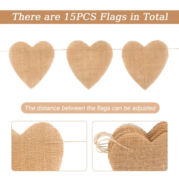 Linen Heart Bunting Bunting with 15pcs Triangular Burlap Valentin