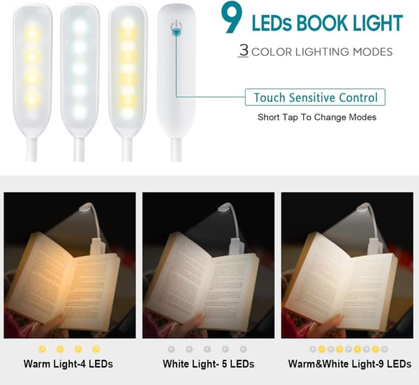 9 LED-leselamper, oppladbare leselamper i 3 lysstyrker