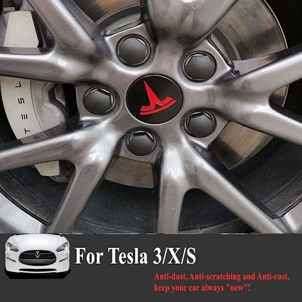 Röd navkapsel och hjulmutterkåpa-set med Tesla-logotyp, 4 navkåpor