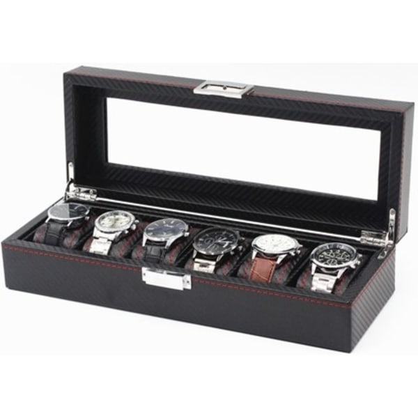 6 klockors klockbox - Lyxmodell i svart carbon med röd söm