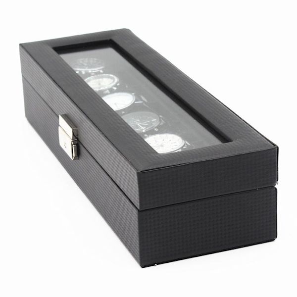 Watchbox / Klockbox 6 klockor -  Lyxmodell i svart carbon Svart