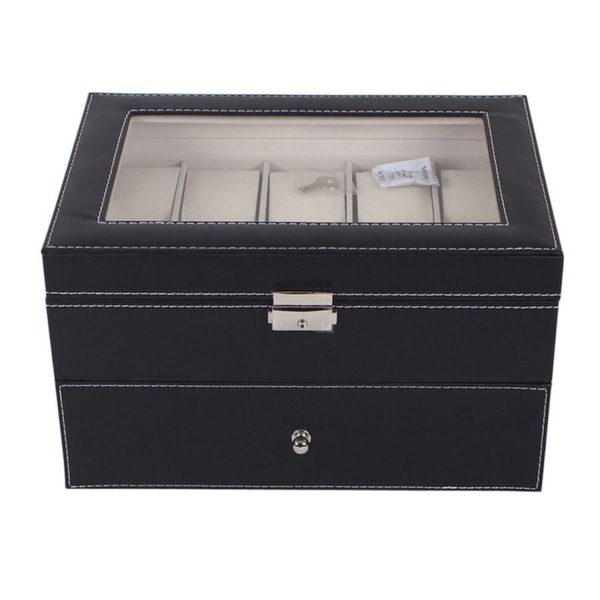 Watchbox Klockbox för 20st klockor PU läder - svart med vit söm