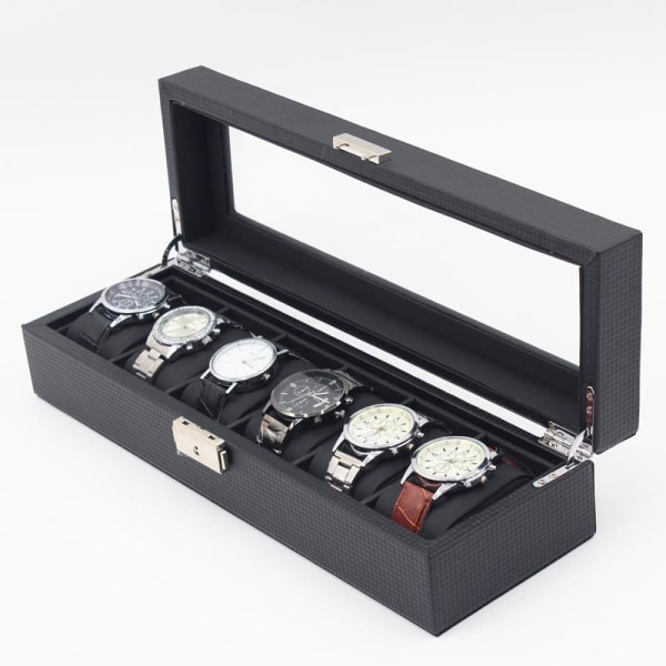 Watchbox / Klockbox 6 klockor -  Lyxmodell i svart carbon Svart