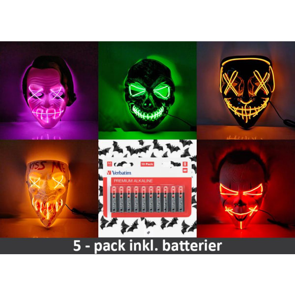 Halloween LED Mask 5 pack inkl batterier