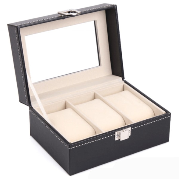 Watchbox Klockbox för 3 st klockor svart med vit söm och fönster Svart