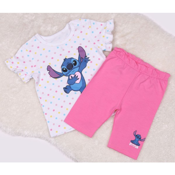 Disney Stitch Vit-Rosa, Bomull Babyset med prickar, Skjorta + Korta Byxor 68 cm