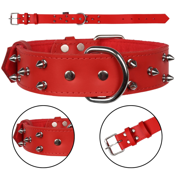 Röd, Läderhalsband med Spikar, Hundhalsband 40mm/57cm