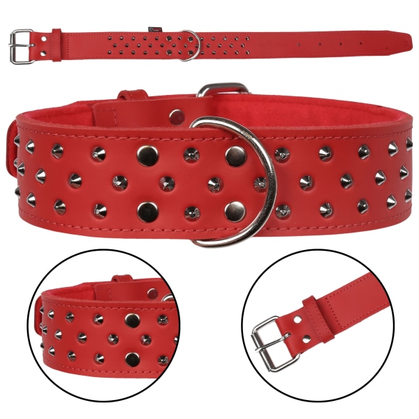 Rött, Läderhalsband med Nitar, Hundhalsband 50mm/60cm