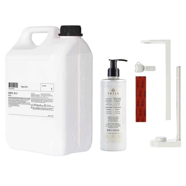 PRIJA Badrumssats: vit flaskhållare, skyddsbalsam för hår 380ml + 5l refill