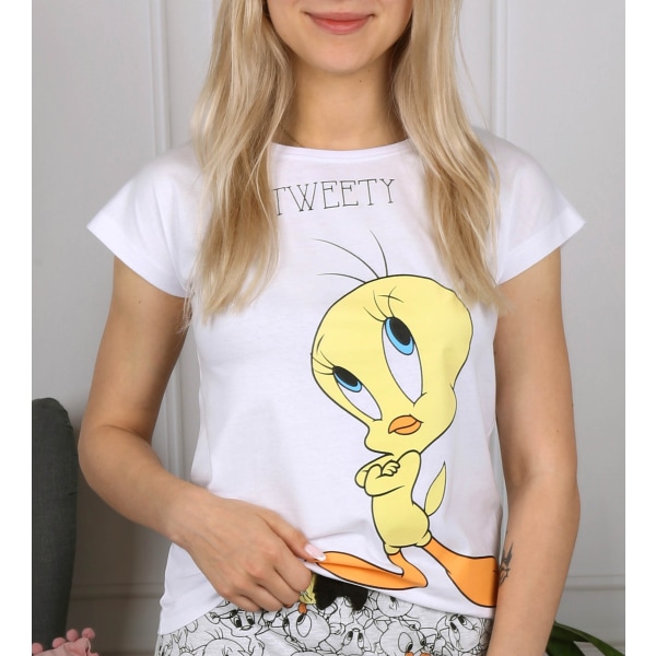 Looney Tunes Tweety Vit-Grå Flickpyjamas, Kortärmad Sommarpyjamas 134 cm