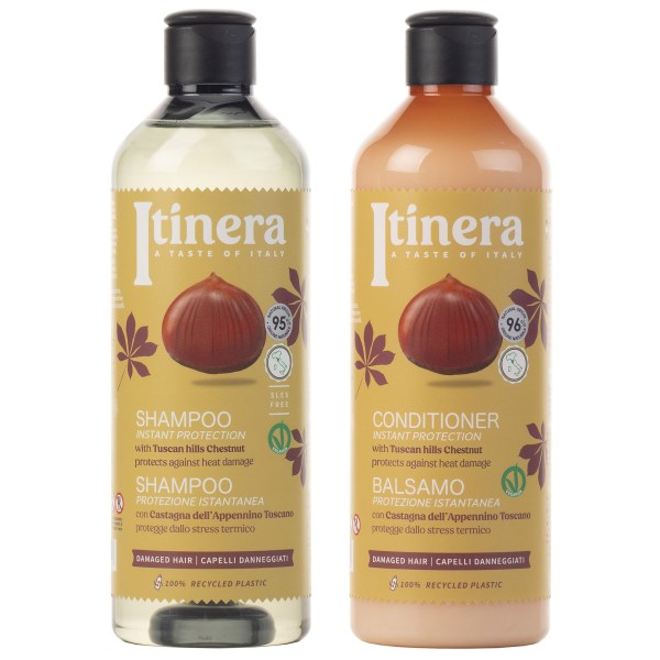 ITINERA kosmetiskt set: balsam + schampo för skadat hår med kastanj från de toskanska kullarna 2x370 ml