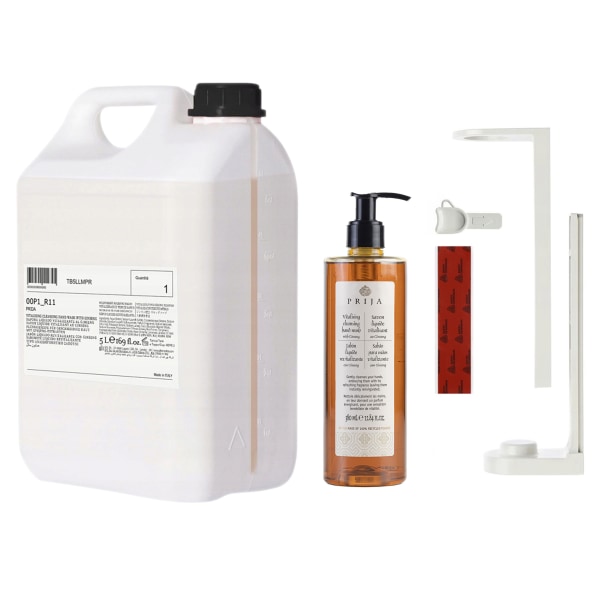 PRIJA badrumsset: vit flaska hållare, flytande tvål med ginseng 380 ml + 5-liters påfyllningsbehållare