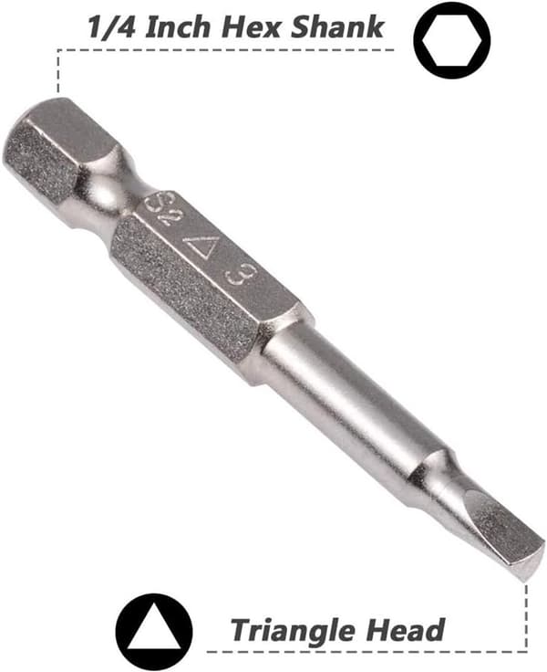 5-delad uppsättning triangulära skruvmejselbits, storlekar 1,8/2/2,3/2,7/3 mm, magnetiska; 1/4-tums sexkantskaft triangulära borr S2 50.