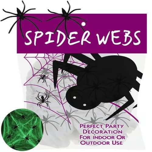 Selvlysende edderkoppespind Halloween-dekoration med 20 edderkopper