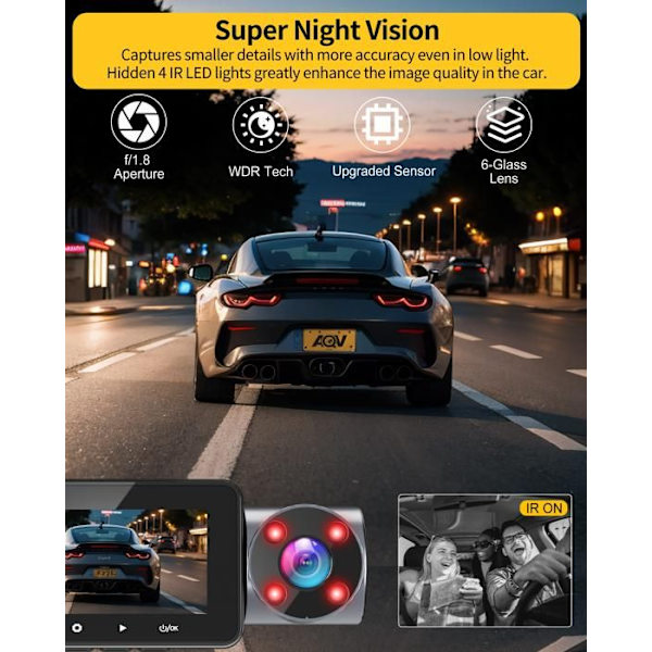 Bilkamera AQV ZD60A WiFi & APP Kontroll Dashcam 4K/2.5K + 1080P + 1080P Nattseende Infraröd G-sensor Med 64Go Kort