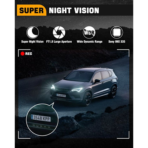 Abask ZDX78 4K WiFi bilkamera med DashCam App Control Röstavisering Parkeringsövervakning med 64GB