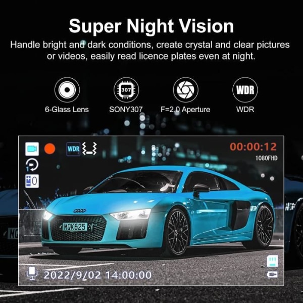 AQV OK770 Bilkamera 1080P FHD DashCam Fram 170° Vinkel Infraröd Night Vision G-sensor med 32GB kort
